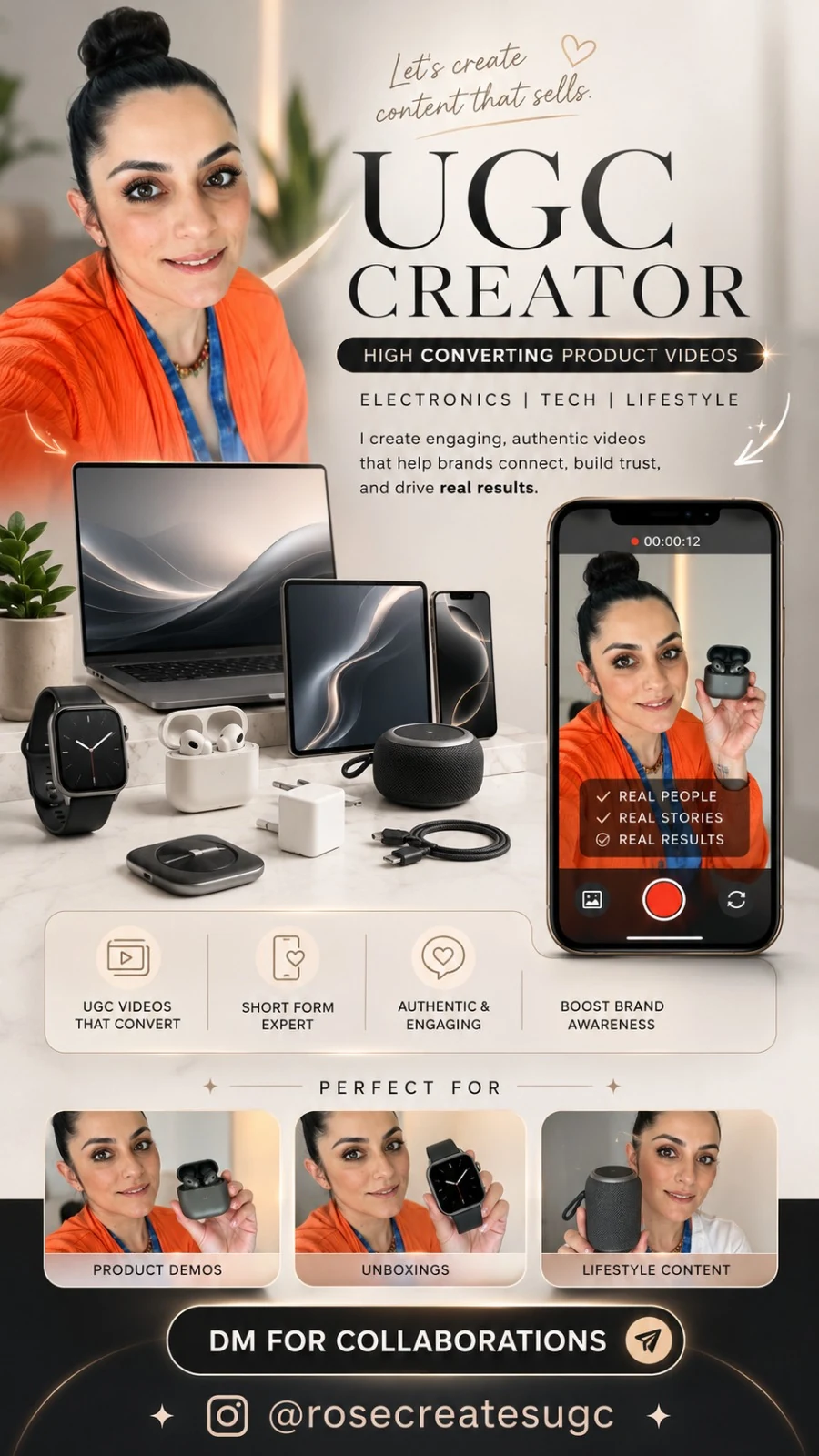 Tech and electronics UGC video creator campaign example by Rose Creates UGC